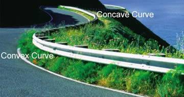 highway guardrails formed of convex and concave curved W-beam guardrails